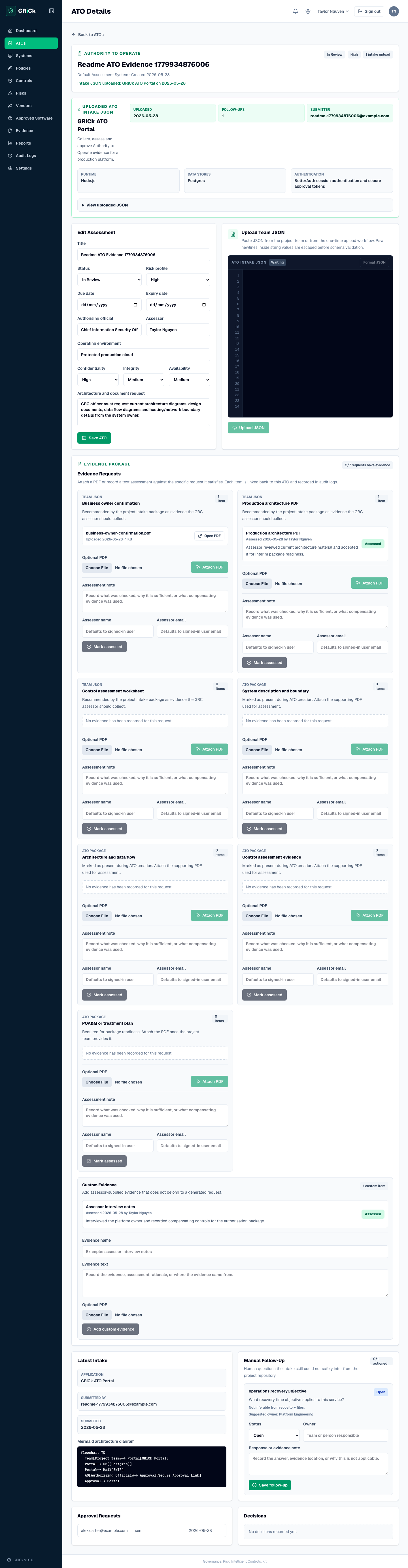 GRiCk ATO detail screen showing intake data, evidence requests, assessor notes and approval workflow
