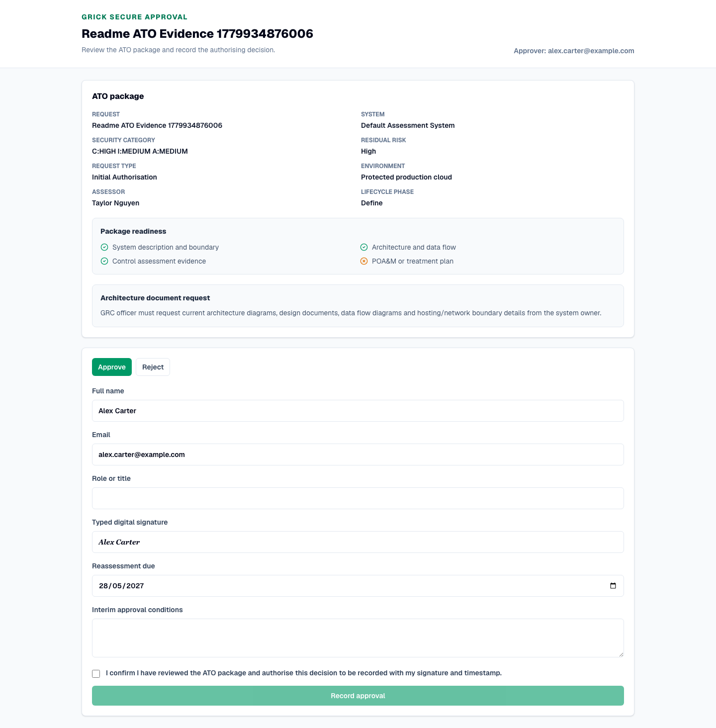 Secure GRiCk approval page with ATO readiness, approver identity, signature and reassessment fields